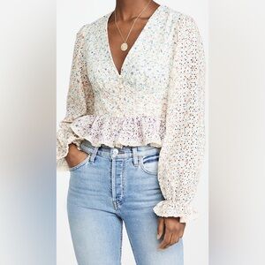 Free the Roses Multicolor Floral Spring Eyelet Peplum Top Cottage Anthro Small